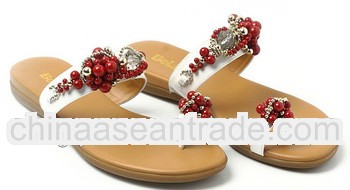new style hot selling genuine leather lady beaded flat sandals shoes fashion cowhide white jewelry f