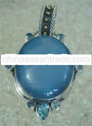 SS Pendant with Onyx, Blue Topaz & Brass Accent