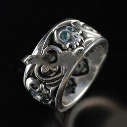 925 Silver Jewelry Skull and Heart Ring Blue Topaz