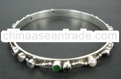 BFMN0032 - Sterling Silver Bangle with Pearl & Semi Precious Stones
