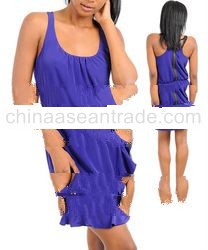 STYLE DBZ15-PUR: PURPLE CROSSOVER RUFFLED HEM DRESS