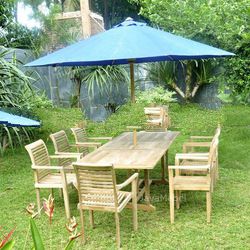 TEAK OUTDOOR FURNITURE OF STACKING SET OF 8 CHAIR, 1 RECTANGULAR EXTENDING TABLE, 1 UMBRELLA