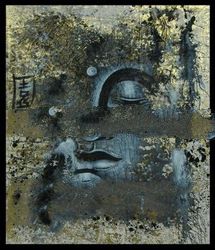 Grey Budha faces with gold pradha painting