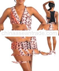 STYLE DBZ14-BRW: BROWN ZIG-ZAG PRINT DRESS WITH SHEER BACK