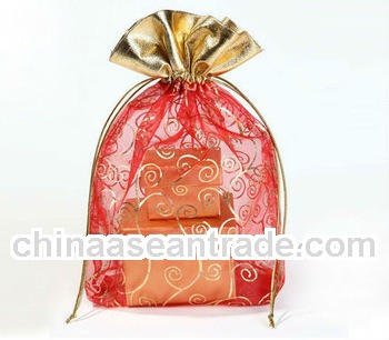 red organza with gold cloth top drawstring bag