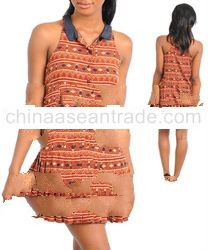 STYLE DBZ41-RUS: RUST COLLARED PRINT DRESS WITH PLEATED HEM