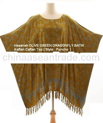 Hasanah Olive Green Dragonfly Batik Kaftan Caftan Top (Style: Poncho)