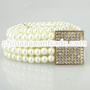 square rhinestone buckle full pearl beaded belt