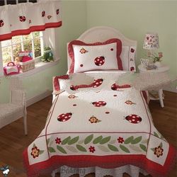 Girl Red White Lady Bug Full Quilt Kid Bed Bedding Set