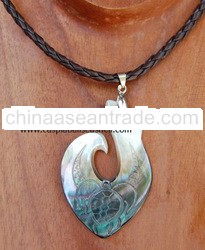 shell hook carving necklace with stainless stell with leather