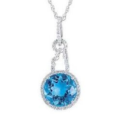 14k White Round 11 mm Blue Topaz and Diamond Pendant