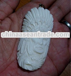 Bali Pendant Necklace Indian Face EagleFrom Buffalo Bone Carving with Silver bail 925
