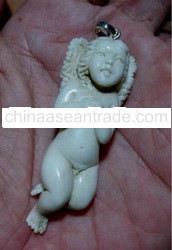 Bali Pendant Necklace Cupid love Baby Angel From Deer Antler Carving with Silver Bail 925