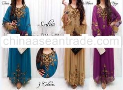 Noble Embroidery Stone Inlayed Muslim Dress 1set/3pcs/3color