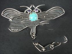 BRCFMN007 Sterling Silver Brooch with Dragonfly & Turquoise & Amethyst