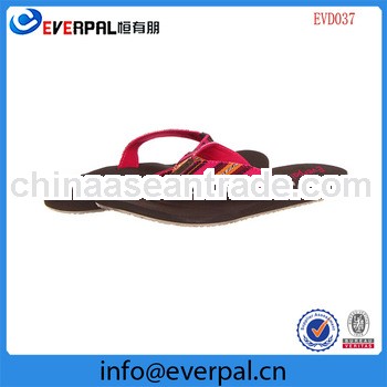 women red fabric flip flops with black sole