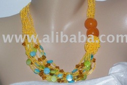 Orange Amber And Glass Seed Beads Necklace,