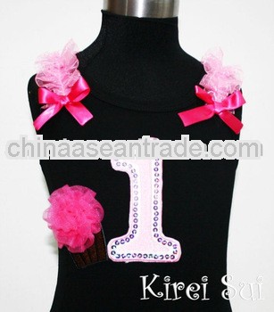 1st Birthday Black Tank Tops with Red Zebra Number and 3D Rosettes Cupcake and Ruffles Bows