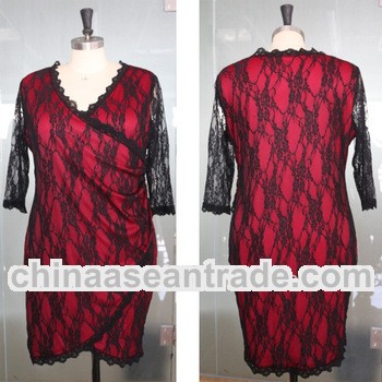 2014 High quality fashion black lace red lining 3/4 sleeves plus size fat women dresses china suppli