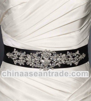 Black Diamond Crystal Fashion Satin Belts and Sashes with Appliqued Embroidery