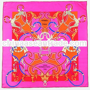 Fashion square printed lady twill silk ethnic scarf