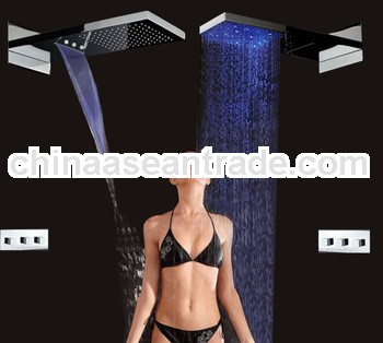 Fashionable two water outlet 230*554*30mm shower dual head waterfall rainfall showers led