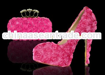 Hot pink roses wedding party shoes and matching clutch bags