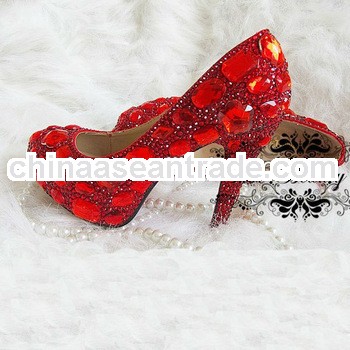 J011 Fashion design US large size 3 to 8 high heel red sole crystal and pearl wedding shoes