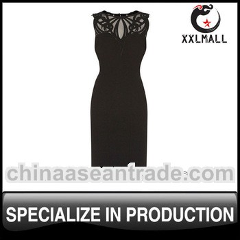 Ladies dramatic applique pencil dress black heavy yarn embroidery clothes cheap celebration