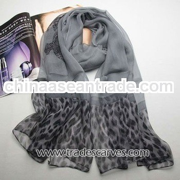 Latest women grey silk fashion leopard scarf
