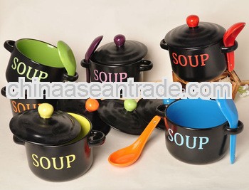 Matt black color ceramic soup bowl with spoon and cover or lid