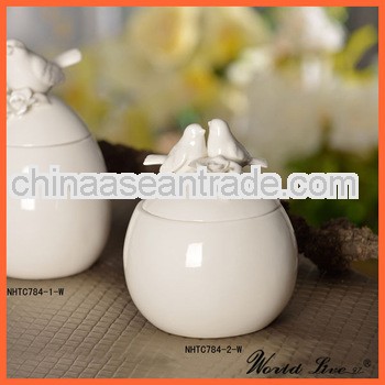 NHTC784-2-W Cream White color bird decorative ceramic container with lid