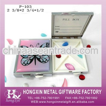 P-103 Pink square butterfly metal pill box with timer