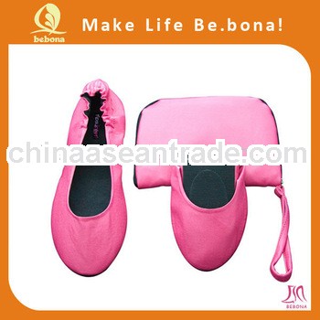 Pink ballerina shoes PU flat folding shoes with pouch