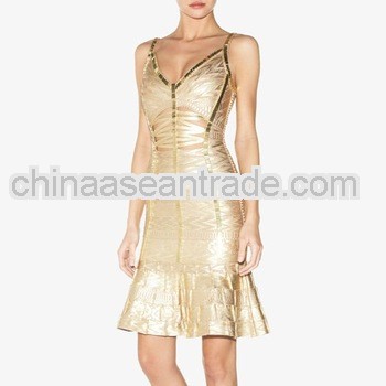 V-neck sleeveless foil-print bandage golden evening dress