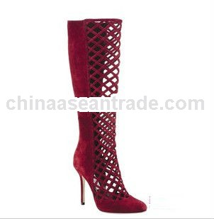 Women fall Boots ! Elegant Red Suede Leather Cut-out Boots Cool Boots