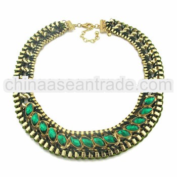 antique gold plated braided three chains welded multi eye green acrylic beads statement necklace