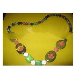 Long Necklace Of Green / White Turquoise, Green Agate, 7 Days Jade And Rose Quartz