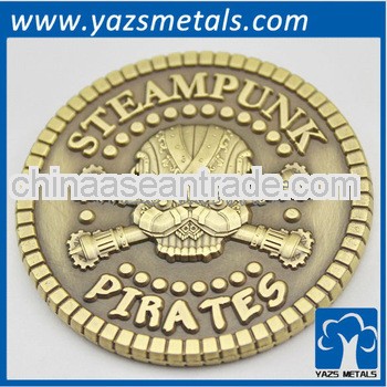 customize excellent employee coin, antique gold plating skull coin