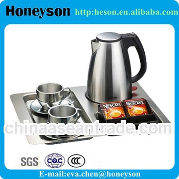 hotel products stainless steel electric kettle with stainless tray set for guest room