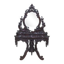 Victorian Carved Dressing Table with Mirror and Puff