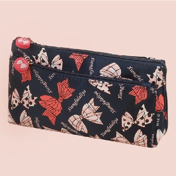 women printed bowknot cosmetic bag with 2 layers